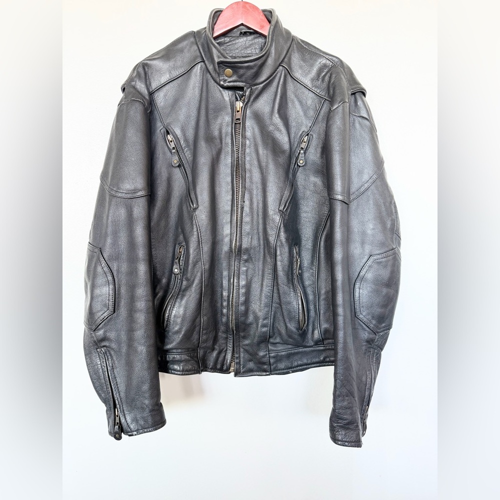 Vintage Black Leather Motorcycle Jacket Size 50 XXL Padded Vented Racer